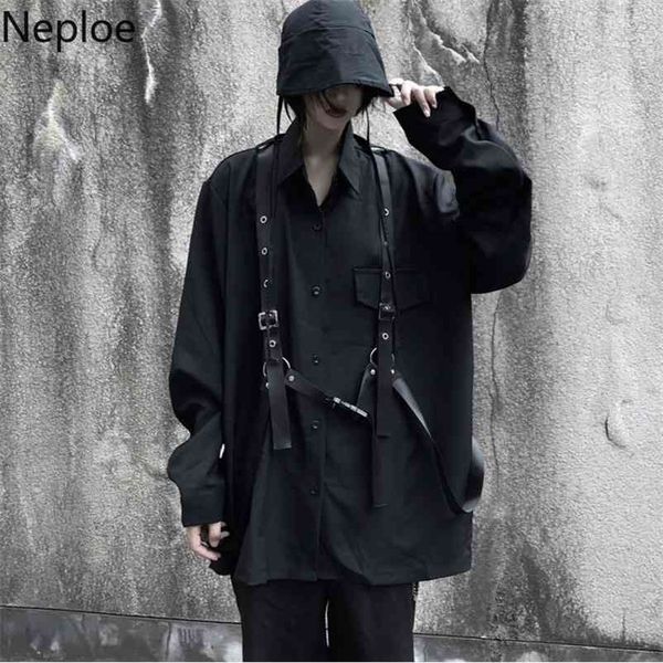 

neploe vintage long sleeve black blouse harajuku women men shirt autumn korean bandage blusas medium-long coat 55503 210323, White
