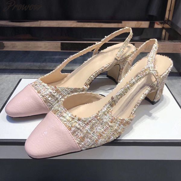 

prowow woven mid heel pink woman sandals new luxury designer brand high heels genuine leather fashion ladies pumps, Black