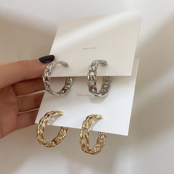 

hoop & huggie trendy hollow chain earrings temperament simple design circle statement jewelry metal geometric fashion, Golden;silver