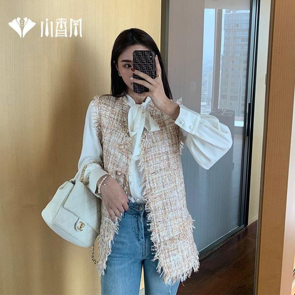 

women's vests small fragrance vest coat sleevel t cardigan tassel thin versatile, Black;white