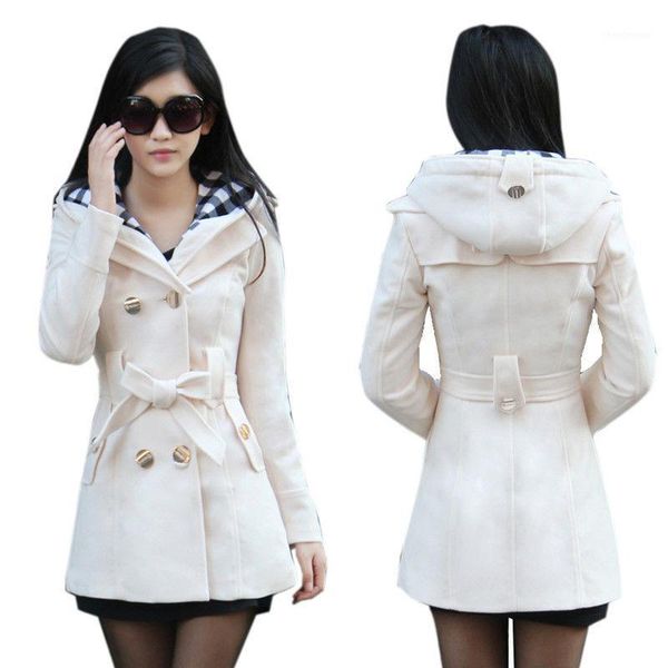 

women's wool & blends women autumn winter woolen jacket 2021 female double breasted belt coat ladies hooded fashion overcoat coats c, Black