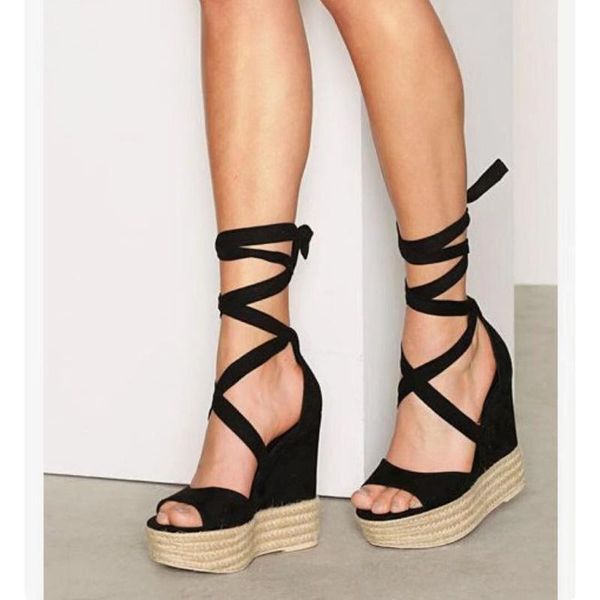 

sandals gladiator women platform ankle strap plus size 35-42 peep toe wedge high heels summer rome lace up shoes for, Black