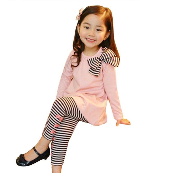

clothing sets 2pcs kids baby girls long sleeve bowknot dress t-shirt+stripe pants set children's suit for spring 2021 traje, White