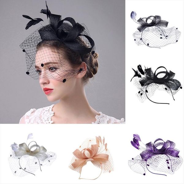 

women wedding mesh hat fascinator penny ribbons feathers party feather retro elegant hair bands hoop accessories, Blue;gray