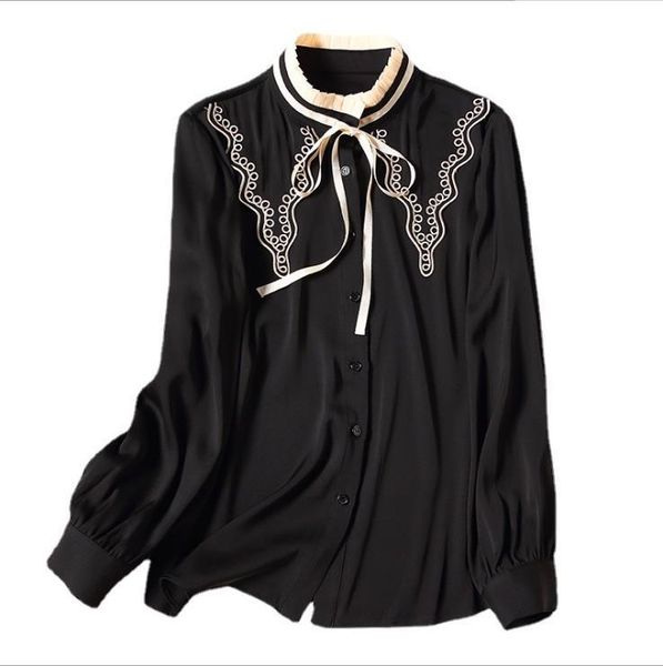 

women's blouses & shirts european and american women's clothing spring long sleeves stand collar fashion black embroidery silk shi, White