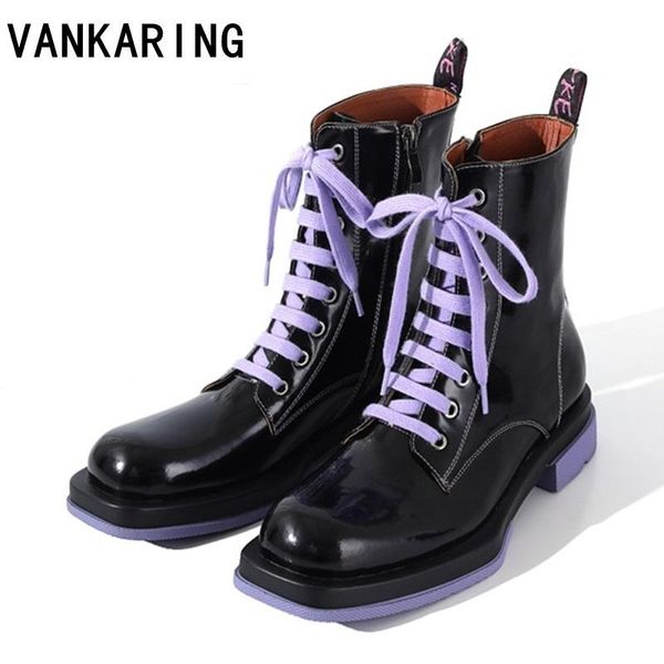 

boots brand comfortable rubber platform women round toe leather ankle for casual lace-up shoes woman, Black