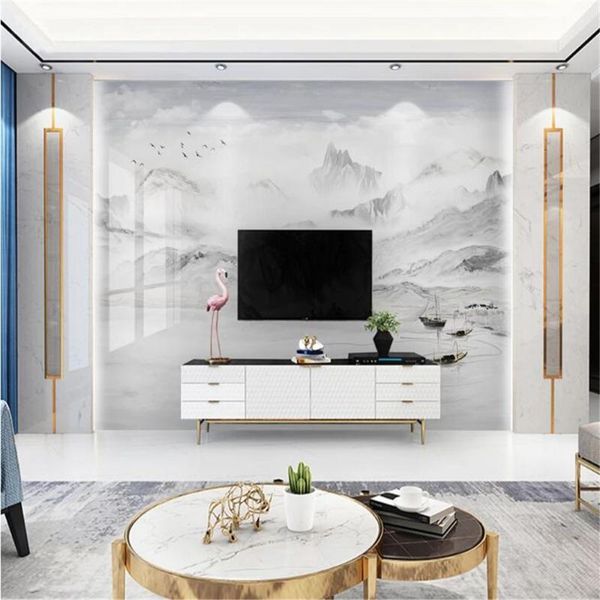

wallpapers milofi custom 3d large wallpaper wall chinese style ink landscape painting marble light luxury background