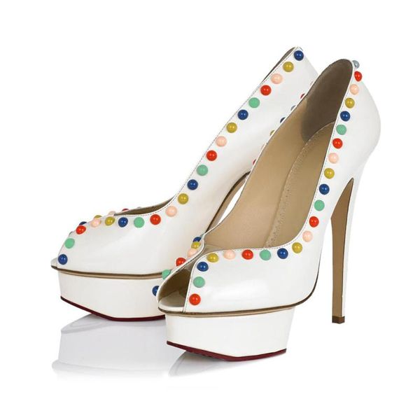 

dress shoes womens peep toe platform rainbow rivet stilettos high heel pumps sandals party nightclub black white 2021