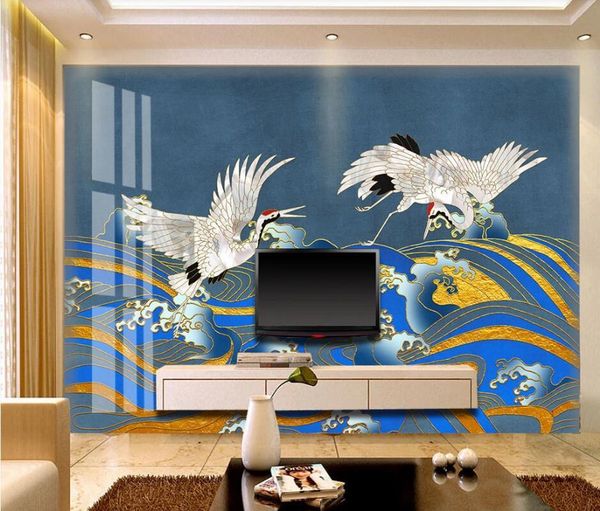 

wallpapers ainyoousem golden relief lines, waves, cranes, tide background wall papel de parede wallpaper 3d stickers