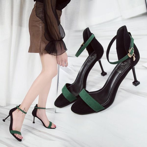 

sandals women summer high heels big yards narrow band sandalias korean style chain buckle strap ladies shoes, Black