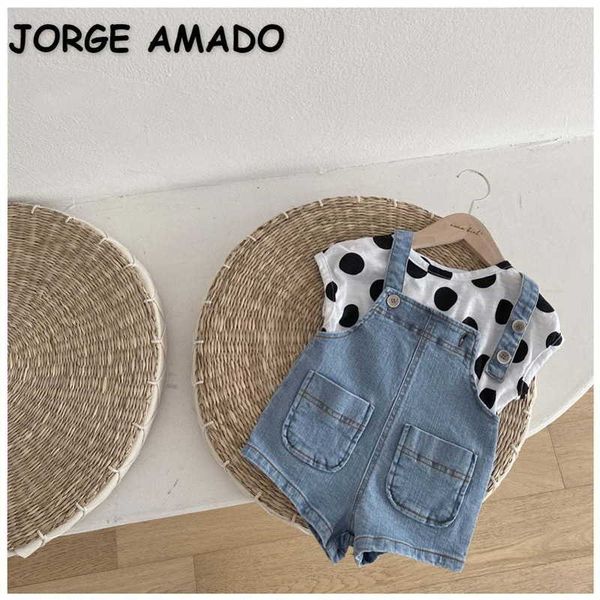 

korean style summer kids girls boys 2-pcs sets polka dot t-shirts + pocket overalls casual loose children clothes e035 210610, White
