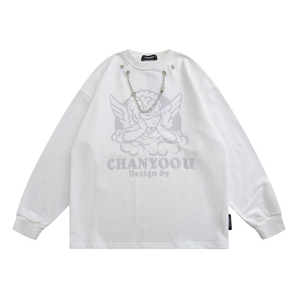 

sweatshirts angel iron and diamond printed hoodless sweater mens vibe necklace design loose round neck long sleeve pullover hoodie, Black