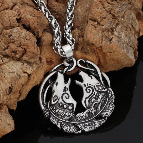 

pendant necklaces nordic viking norse odin wolf geri and freki mulet necklace valknut gift bag, Silver