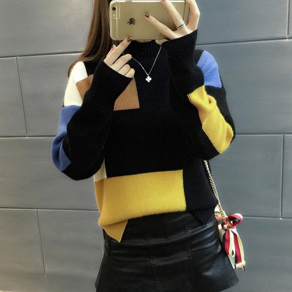 

women's sweaters 2021 korean fashion women and pullovers long sleeve turtleneck geometric patchwork slim elastic, White;black