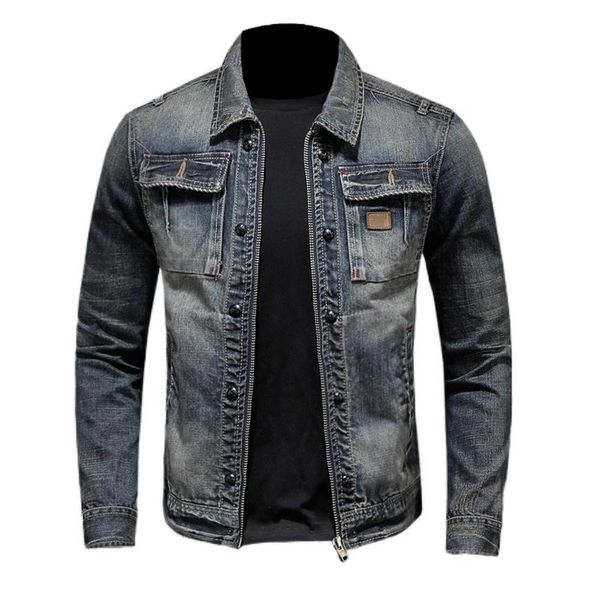 

european and american personality trend retro zipper motorcycle denim jacket men's lapel spring autumn jackets, Black;brown