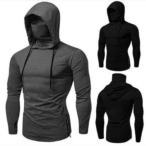 Moda uomo casual tinta unita con cappuccio felpa con cappuccio maniche lunghe maschera biforcuta aperta felpa tuta sportiva sudaderas hombre # g3 211217