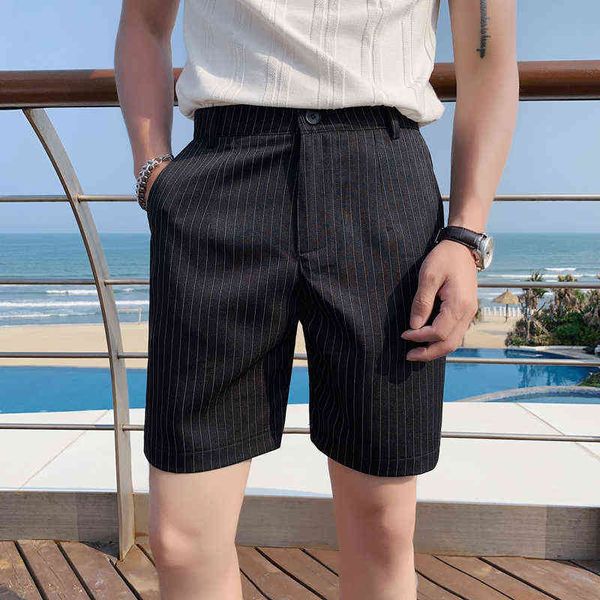 Britischen Stil Sommer Slim Fit Knielangen Anzug Shorts Männer Kleidung 2021 Einfach Alle Spiel Casual Gestreiften Kurzen Homme Formale tragen H1210