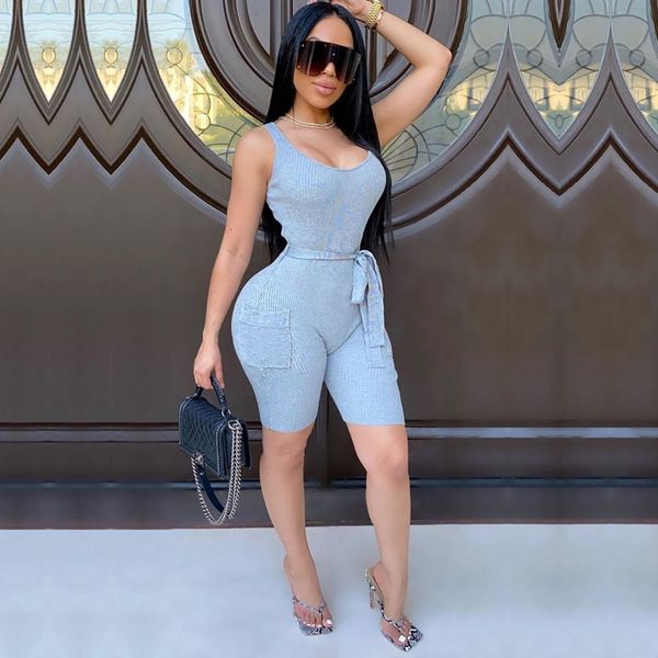 

backless club rompers womens jumpsuit summer sleeveless ribbed short bodysuit streetwear sash pocket solid bodycon jumpsuit, Black;white