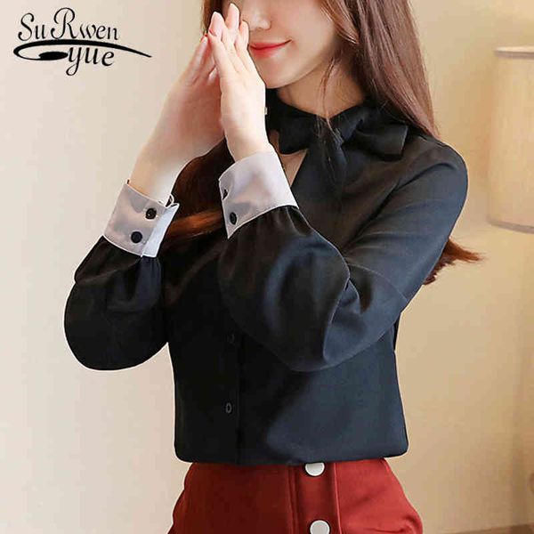 

autumn casual women blouses elegant long sleeve shirts v-neck chiffon clothing bow button 6129 50 210508, White