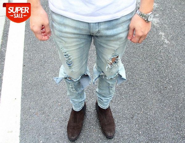 

flowing men's black blue washed distressed knee-breaking knife cut stretch thin jeans for men #4m7t