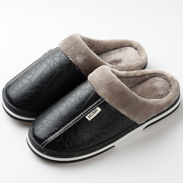 

men slippers indoor leather home shoes winter waterproof warm home fur women slipper male couple platform shoes fluffy big sizes, Black