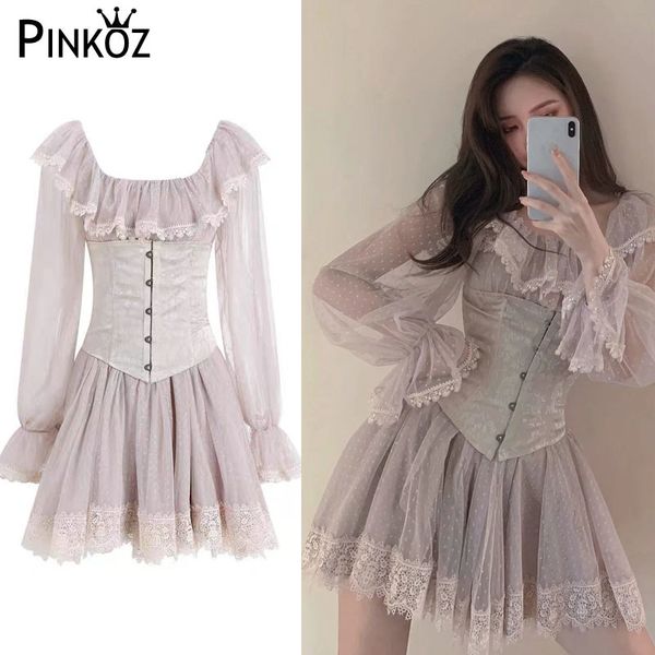 Vintage Ruffles Örgü A-Line Mini Elbise Pembe Yüksek Yiyif Ince Uzun Kollu Tatlı Sevimli Genç Lady Elbiseler Parti Lolita ZA 210421