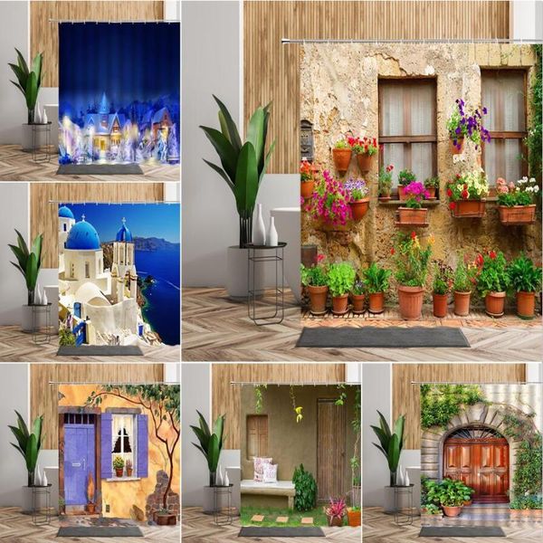

shower curtains garden flower print curtain set for bathroom 3d potted plant street nordic wall fabric decor home bathtub screen