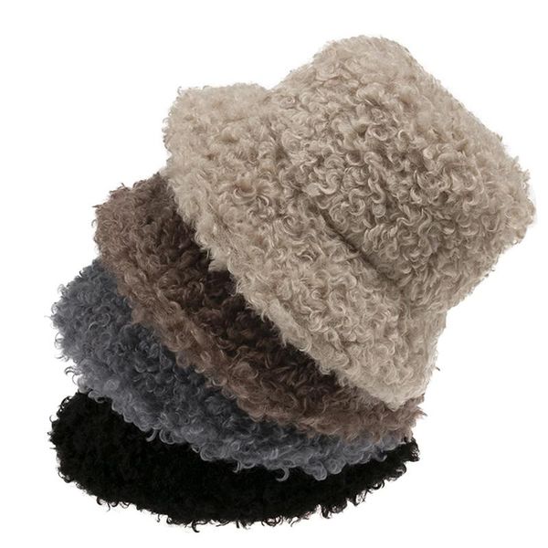 

outdoor warm lamb faux fur bucket hat black solid fluffy fishing cap fisherman gorros women winter 2021 wide brim hats, Blue;gray