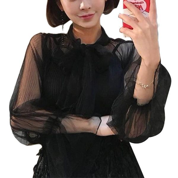 

women's button down chiffon shirt bow tie neck long sleeve sheer mesh overlay blouses & shirts, White