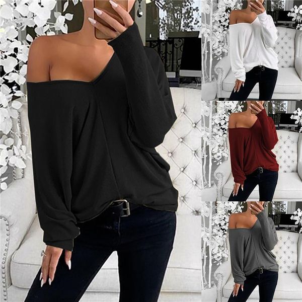 

est fashion women`s off shoulder long sleeve t-shirt casual ladies loose solid daily wear women's, White