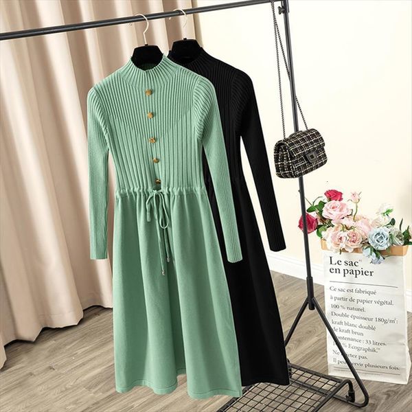 

elegant long knit a line women dress autumn winter thick warm sweater dresses button drawstring midi pleated lady, Black;gray