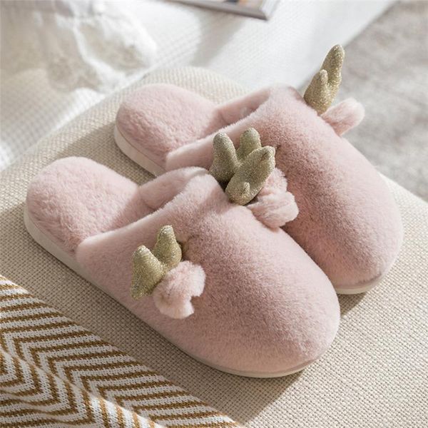

slippers cute antlers cotton for women shoes indoor soft breathable home non-slip winter plus velvet 20, Black
