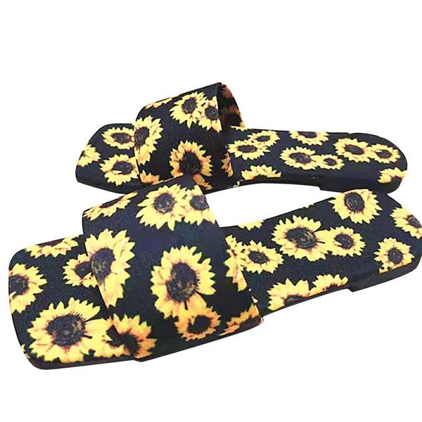 

slippers summer women sandals colorful print flat 2021 fashion square toe flip flops woman sandalias mujer, Black