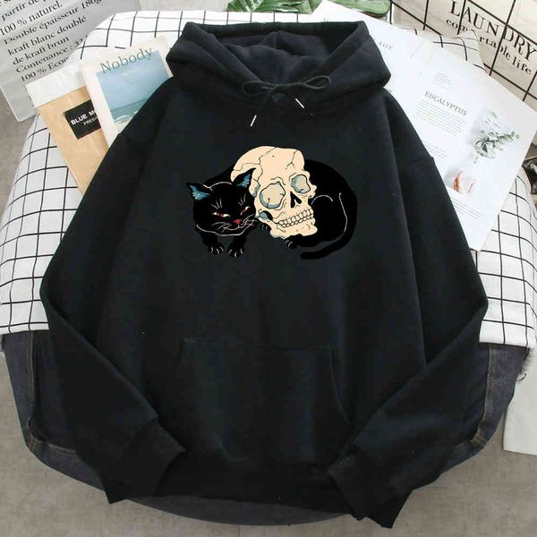 

men's hoodie, black cat head print, cartoon street cloth, hip hop style, retro style, harajuku