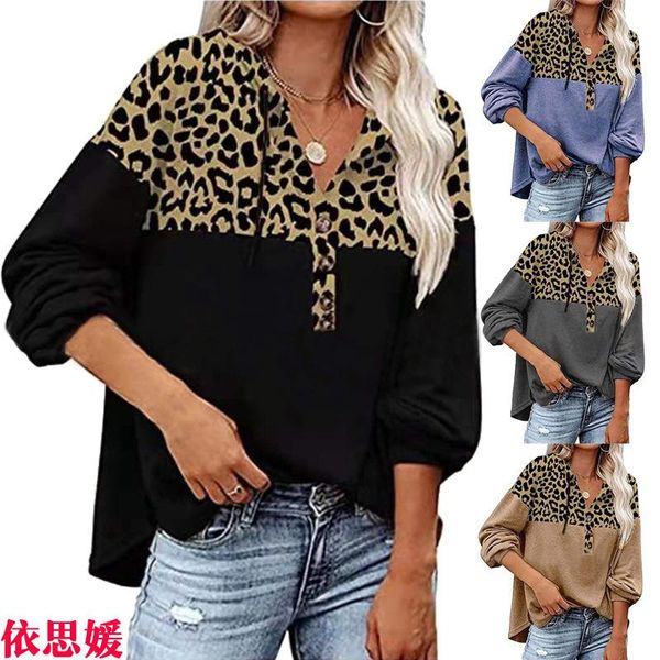 

women's t-shirt 2021 leopard stitching casual loose long sleeve top, White