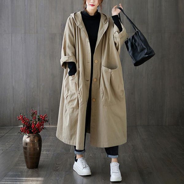

women's trench coats winter fall women large size big pockets hooded long sleeve office lady oversized loose rv648, Tan;black