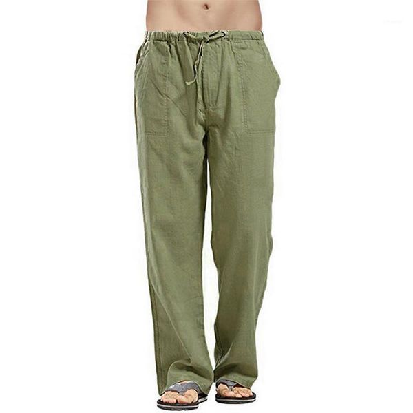 

men's pants solid color basic loose linen cotton men casual joogers cargo wide straight summer spring trousers, Black