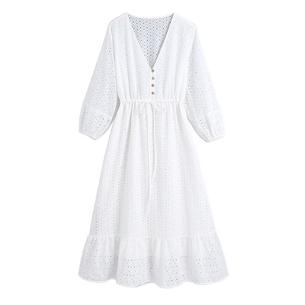 Moda oca out bordado midi vestido vintage branco três quartos manga feminina es mujer vestido primavera 210430