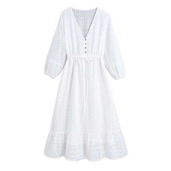 Moda Abito longuette con ricami scava fuori Abito vintage bianco manica tre quarti Donna es Mujer Vestido Primavera 210430