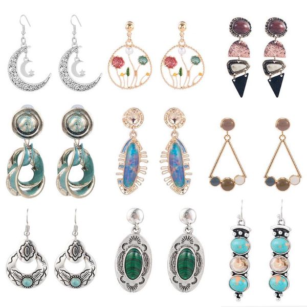 

dangle & chandelier ethnic green resin stone drop earrings for women tribal vintage pendientes mujer moda, Silver