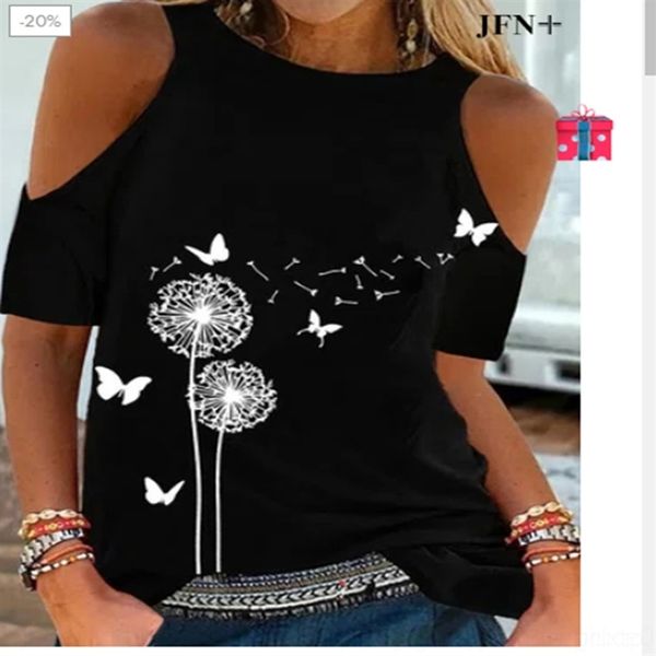 

vopx 2021 women's t-shirt summermiss shoulder dandelion print short sleeve t-shirt 2021 summermiss shoulder dandelion print short sleev, White