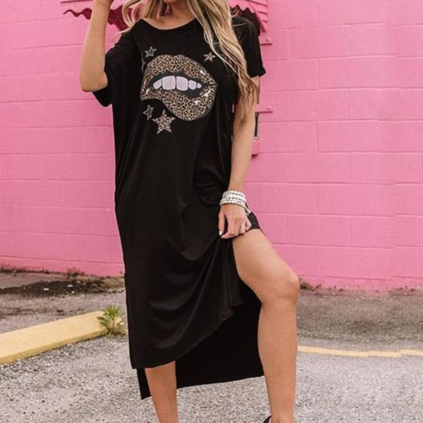 

ethnic clothing summer loose tee shirt dress women's fashion casual lip print split short sleeve o-neck long sumemr leisure, Red