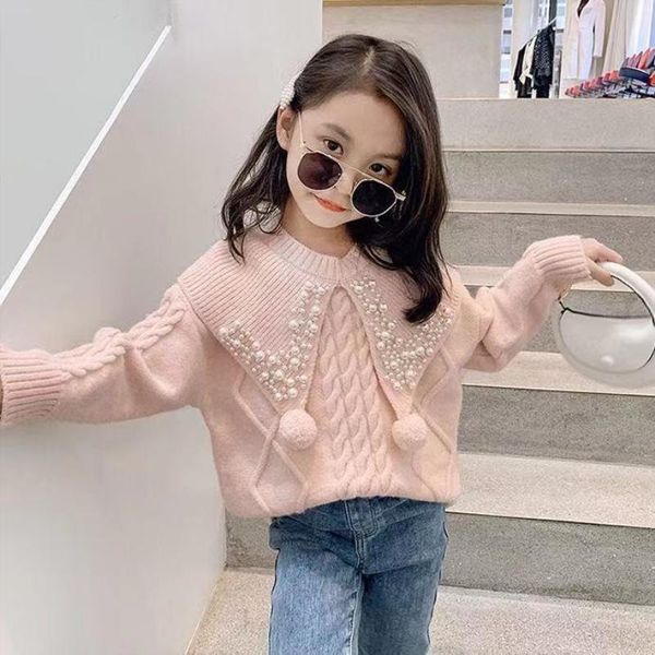 

pullover girls sweater baby's coat outwear 2021 beading plus velvet thicken warm winter autumn knitting scoop jacket children's cl, Blue