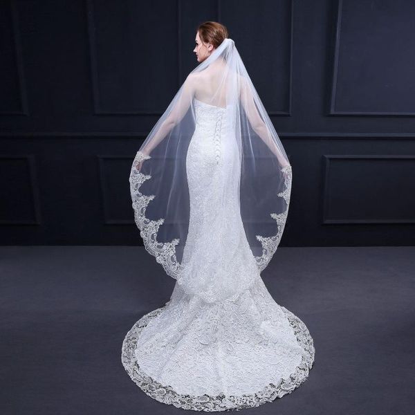 

bridal veils one layer wedding short fingertip with comb lace applique veil ivory velos de novia voile mariage boda welon, Black