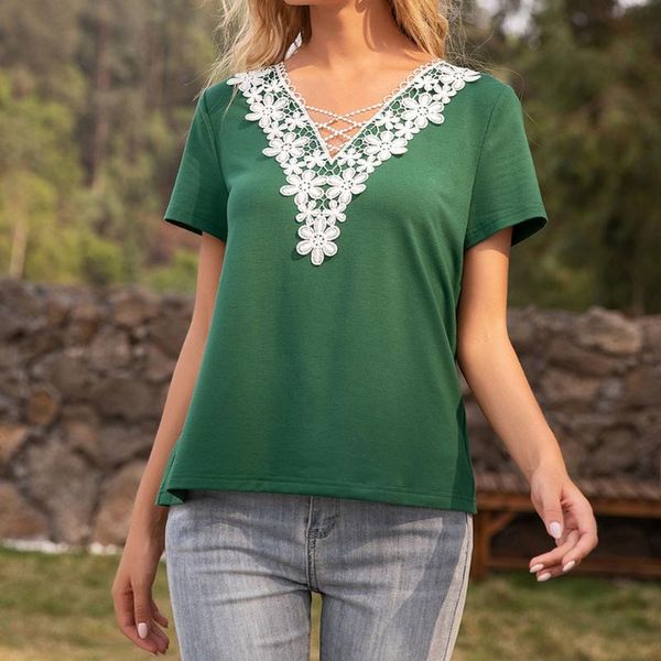

women's t-shirt ropalia women deep v hollow lace stitching short sleeve streetwear tee, White