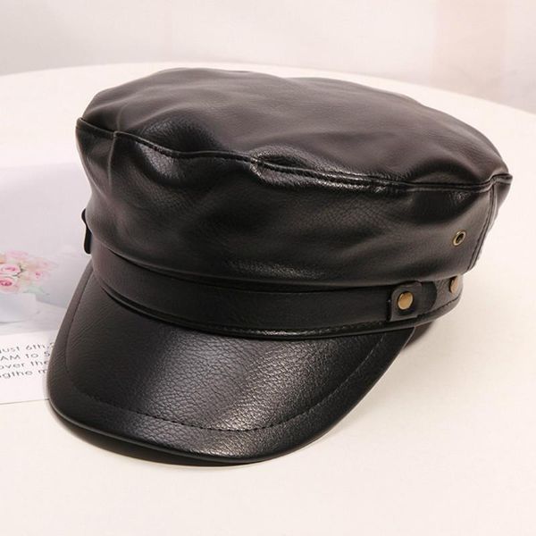 

berets h737 military navy hat female autumn winter korean pu leather black cap girl british vintage simple outdoor shopping casual caps, Blue;gray