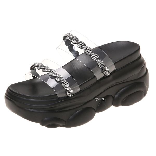 

slippers women rhinestone platform leather woven roman fashion beach sandals outdoor casual open toe high heels, Black