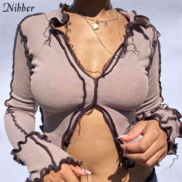 

nibber autumn patchwork broken design mesh crop for women punk style long sleeve t-shirt street casual wear tees female, White