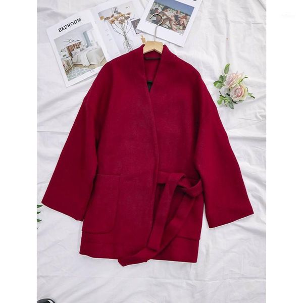 

women's wool & blends women fashion lace-up woolen coat v-neck loose casual lady jacket with large pockets outwear, Black