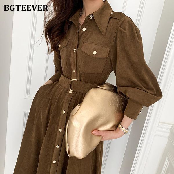 

casual dresses bgteever elegant o-neck female a-line dress turn-down collar women slim waist belted midi single-breasted vestidos femme, Black;gray